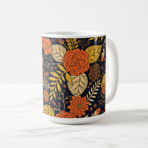 レトロオレンジ、黄色、ブラウン、ネイビーの花のパターン コーヒーマグカップ