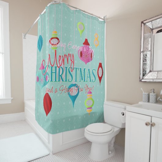 レトロオーナメントティール（緑がかった色）クリスマス シャワーカーテン (インサイチュ)