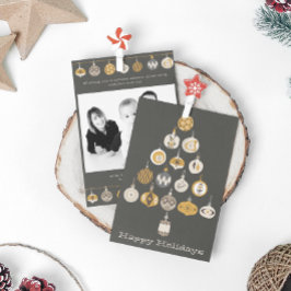 レトロオーナメントフォトクリスマスツリーホリデーカード 招待状