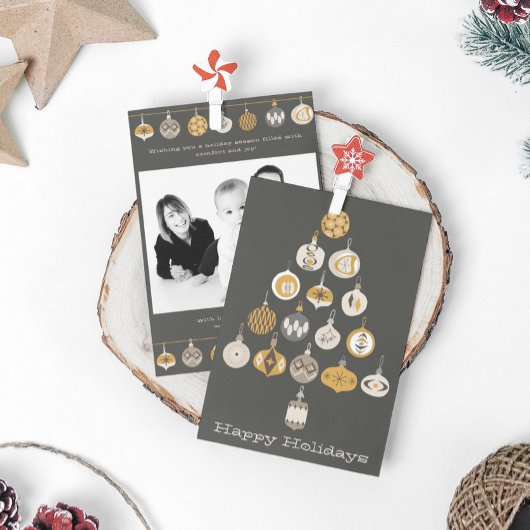 レトロオーナメントフォトクリスマスツリーホリデーカード 招待状