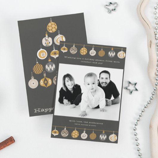 レトロオーナメントフォトクリスマスツリーホリデーカード 招待状