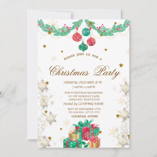 レトロオーナメントプレゼントスノーフレークスクリスマス 招待状 (正面)