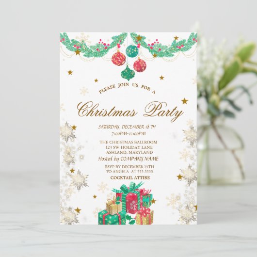 レトロオーナメントプレゼントスノーフレークスクリスマス 招待状 (スタンド正面)