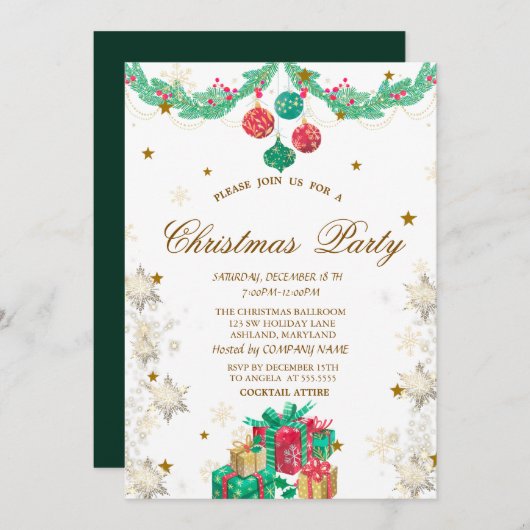 レトロオーナメントプレゼントスノーフレークスクリスマス 招待状 (正面/裏面)