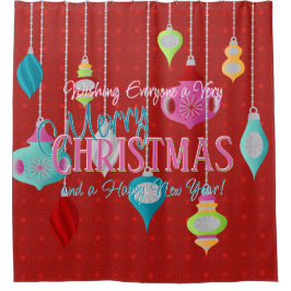 レトロオーナメントレッドクリスマス シャワーカーテン