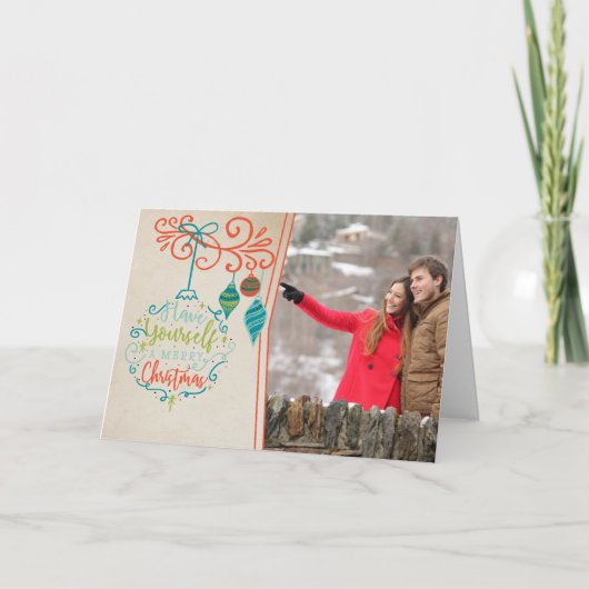 レトロオーナメント&メリークリスマスバウブル – 写真 シーズンカード (正面)