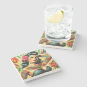 レトロオールドスクールタトゥーピンナップ ストーンコースター (横)