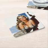 レトロオールドハリウッドビューティフルブロンドウーマン スクエアペーパーコースター (アングル)