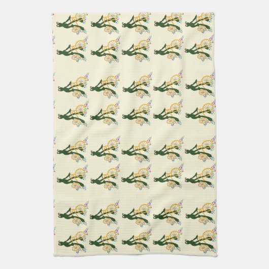 レトロカエルの花を付けた自転車 キッチンタオル (縦)