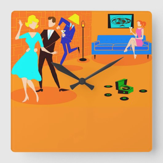 レトロカクテルパーティーの壁掛け時計 スクエア壁時計 (正面)