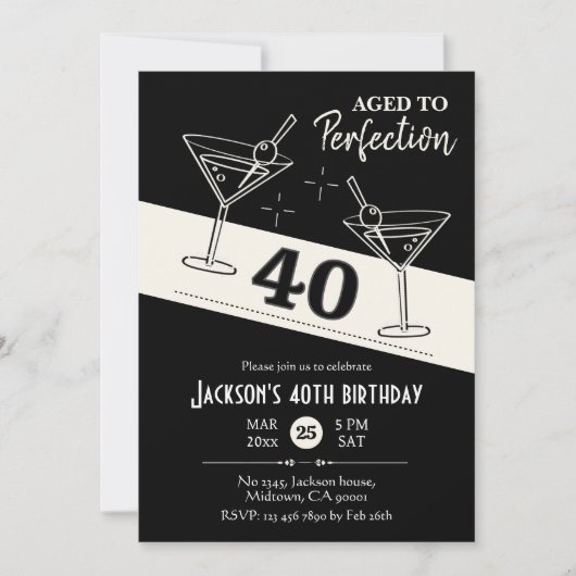 レトロカクテルブラック&ホワイトmartini 40th誕生日 招待状 (正面)