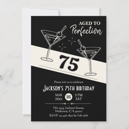 レトロカクテルブラック&ホワイトmartini 75誕生日 招待状 (正面)