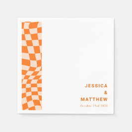 レトロカスタムグルービーオレンジチェッカーボ結婚ード スタンダードカクテルナプキン
