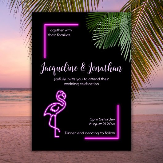 レトロカスタムトロピカルネオンピンクフラミンゴ結婚ズ 招待状