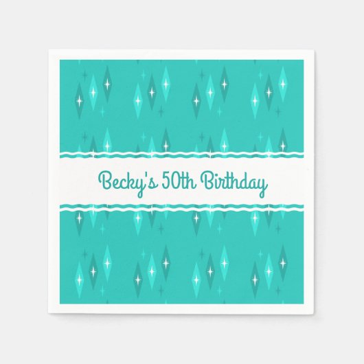 レトロカスタムバースデーパーティーターコイズ スタンダードカクテルナプキン (正面)