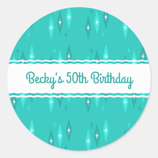 レトロカスタムバースデーパーティーターコイズ ラウンドシール (正面)