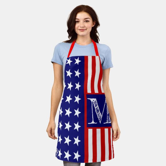 レトロカスタムモノグパーソナライズされたラムアメリカ国旗 エプロン (着用した状態)