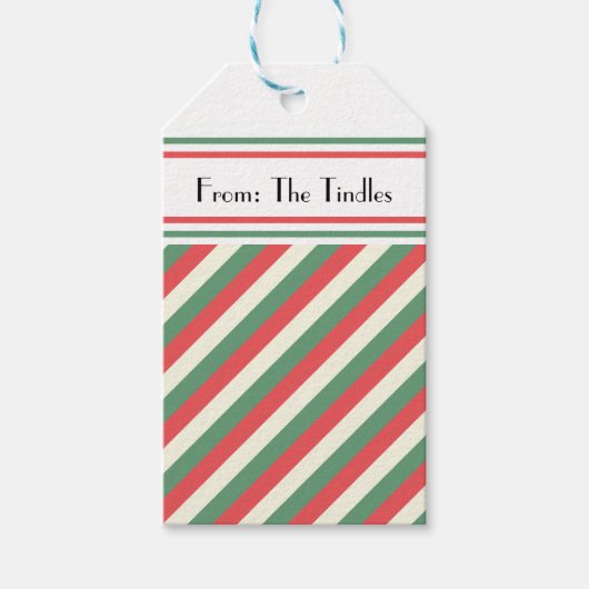 レトロカスタムレッドグリーンクリスマストライプのス ギフトタグ (正面)