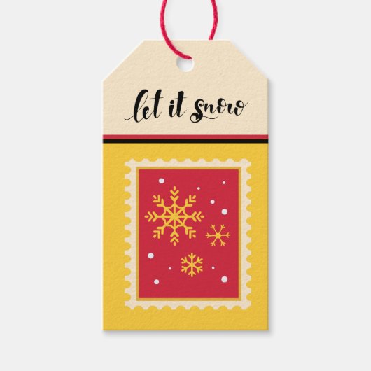 レトロカスタム紙スタンプとゴールデンスノーフレーク ギフトタグ (正面)