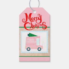 レトロカスタム紙スタンプハッピーホリデーズピンクトラック ギフトタグ