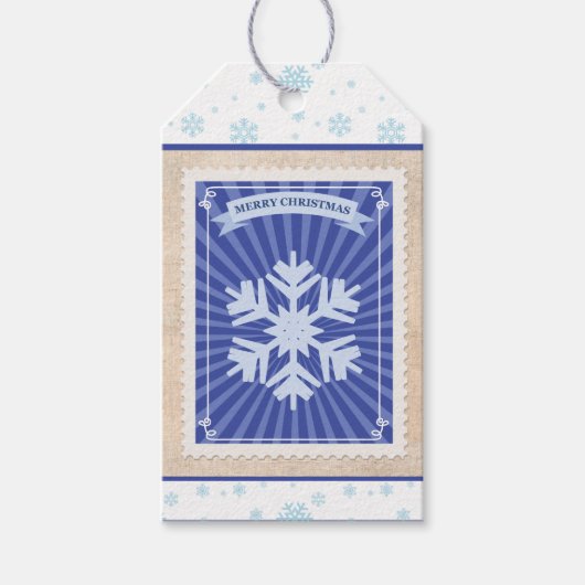 レトロカスタム紙スタンプメリークリスマススノーフレーク ギフトタグ (正面)