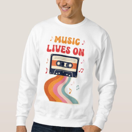 レトロカセットテープシャツ – Music Lives Onヴィンテージ スウェットシャツ (正面)