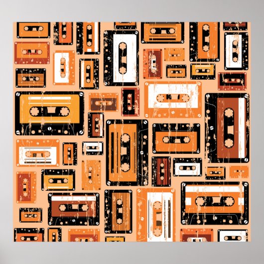 レトロカセットテープシームレスパターン ポスター (正面)