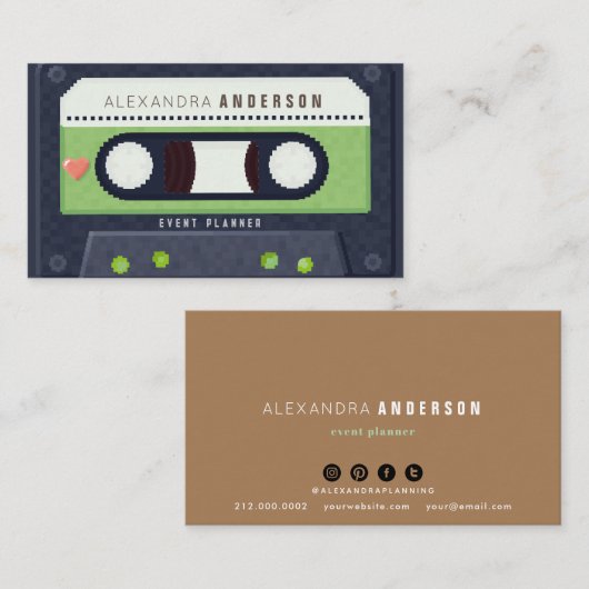 レトロカセットテープ音楽グリーン 名刺 (正面/裏面)