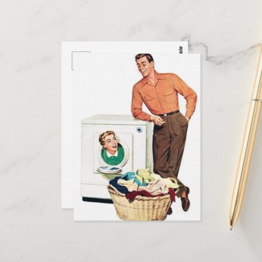 レトロカッコいいヴィンテージランドリー女性 ポストカード (正面/裏面インサイチュ)