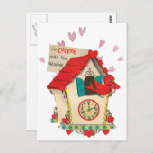 レトロカッコウ時計バードバレンタインハガキ ポストカード (正面/裏面)