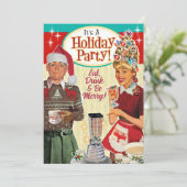レトロカップルおもしろいクリスマスホリデーパーティー招待状 招待状 (スタンド正面)