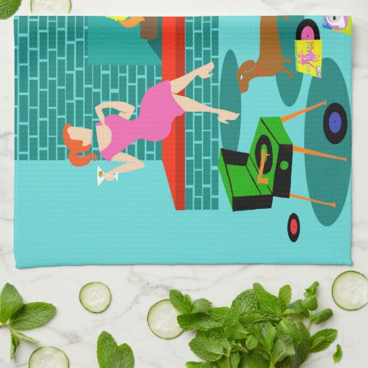 レトロカップルと犬のキッチンタオル キッチンタオル (折り畳み)