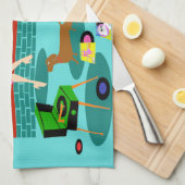 レトロカップルと犬のキッチンタオル キッチンタオル (四つ折り)