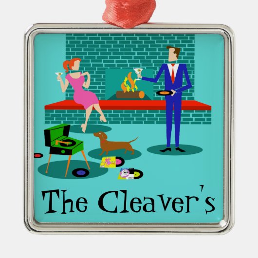 レトロカップルと犬のクリスマス装飾品 メタルオーナメント (正面)