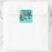 レトロカップルと犬のステッカー スクエアシール (バッグ)