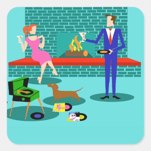 レトロカップルと犬のステッカー スクエアシール (正面)