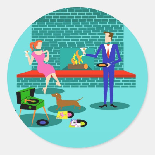 レトロカップルと犬のステッカー ラウンドシール (正面)