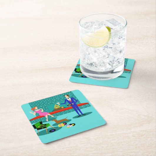 レトロカップルと犬の紙コースター スクエアペーパーコースター (インサイチュ)