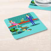 レトロカップルと犬の紙コースター スクエアペーパーコースター (アングル)