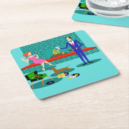 レトロカップルと犬の紙コースター スクエアペーパーコースター (アングル)