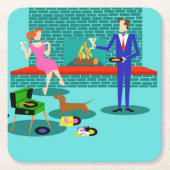 レトロカップルと犬の紙コースター スクエアペーパーコースター (正面)