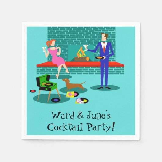 レトロカップルと犬の紙ナプキンス スタンダードカクテルナプキン (正面)