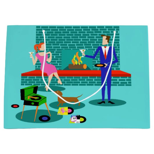 レトロカップルと犬抱き枕 ラージペーパーバッグ (正面)