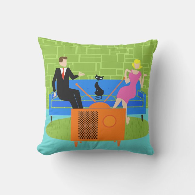 レトロカップルと猫の屋外枕 アウトドアクッション (正面)
