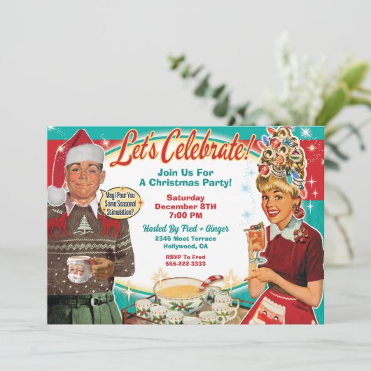 レトロカップルのクリスマスパーティの招待状 招待状 (スタンド正面)