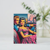 レトロカップルの車で映画館のドライブ ポストカード (スタンド正面)