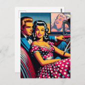 レトロカップルの車で映画館のドライブ ポストカード (正面/裏面)