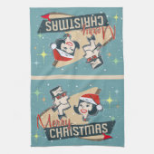 レトロカップルメリークリスマスヴィンテージホリデーキッチ キッチンタオル (縦)