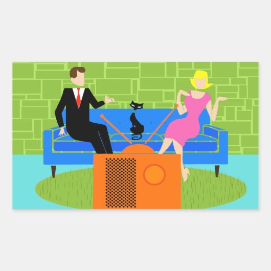 レトロカップル猫シール 長方形シール (正面)