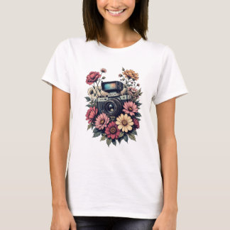 レトロカメラとフローラアート Tシャツ
